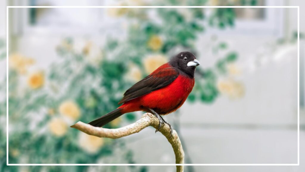 The Crimson-blacked Tanager is a red bird with black head. 
