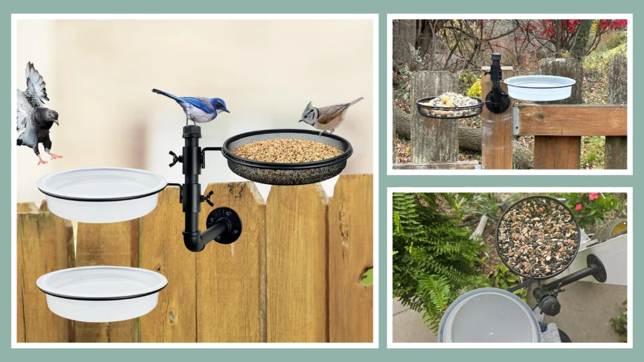DAEHUI Wall-Mounted Bird Feeder with Seed Tray & Dual Bath Bowls