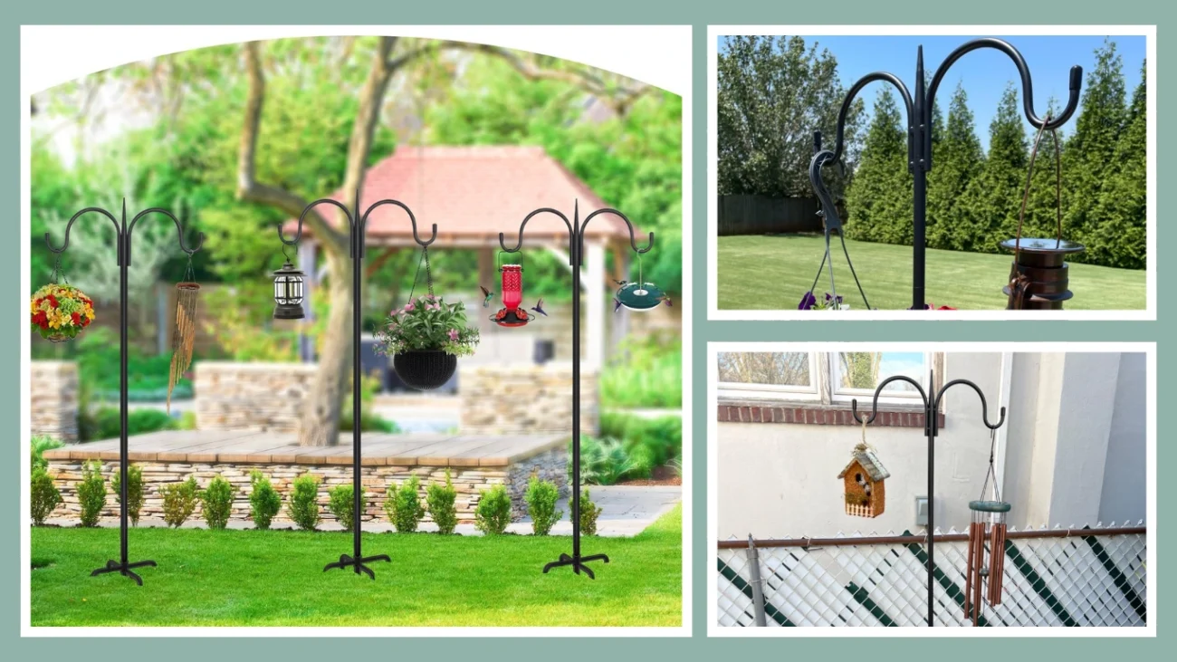 FEED GARDEN 92 Adjustable Double Shepherd’s Hook – Heavy Duty Pole with 5-Prong Base (2 Pack)