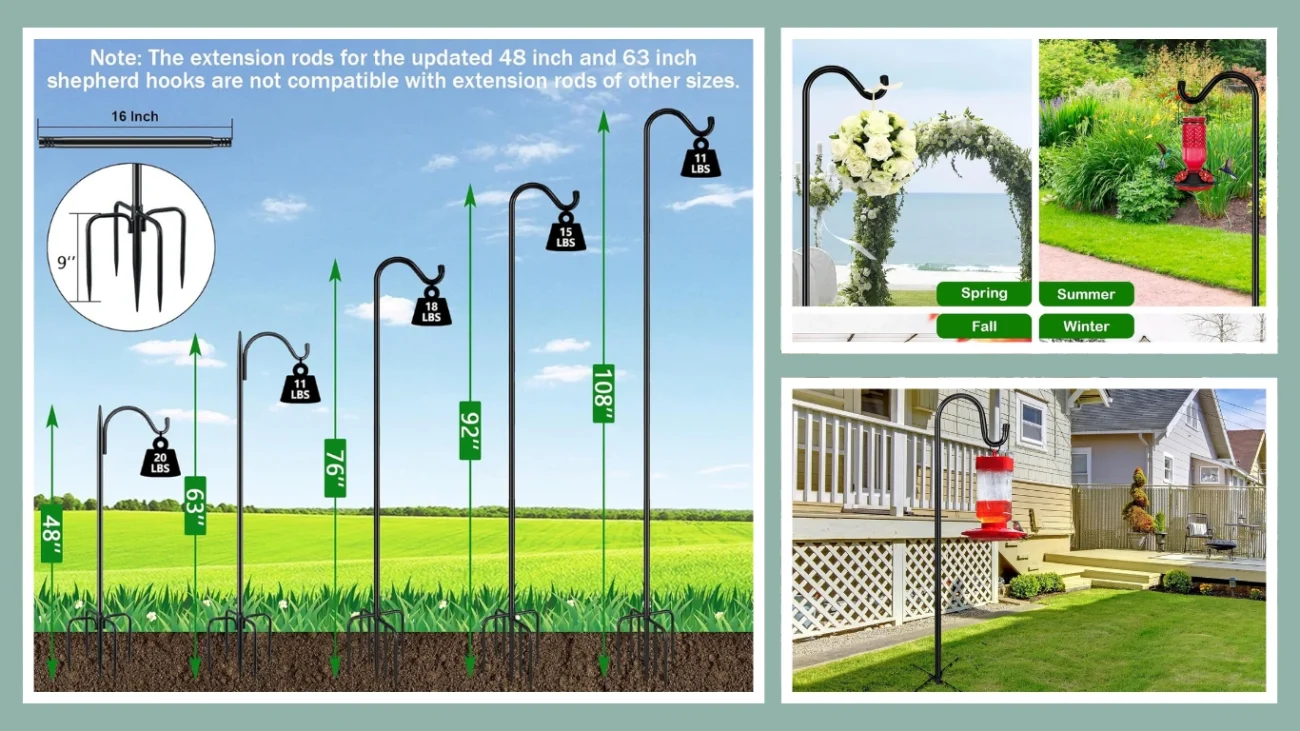FEED GARDEN 92 Adjustable Shepherd Hooks – Heavy Duty Bird Feeder Pole (2 Pack)