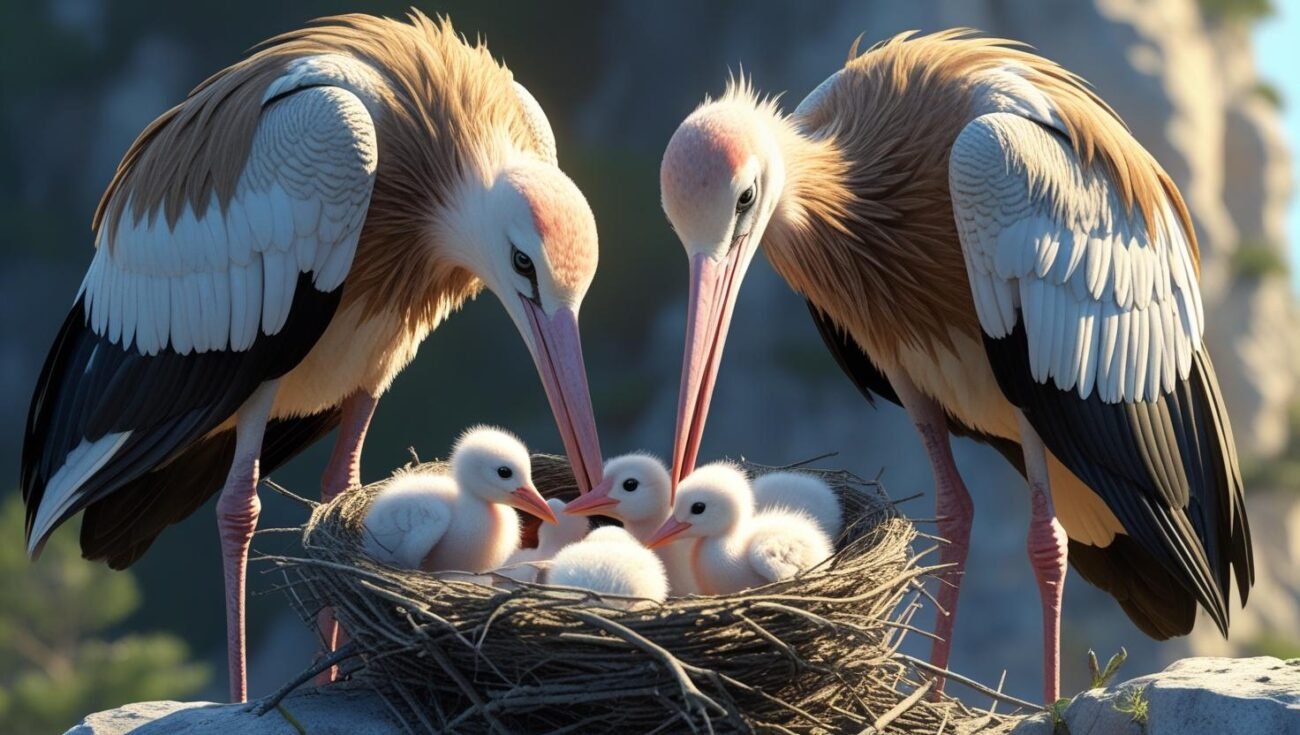 Both Stork Parents Care for the Chicks