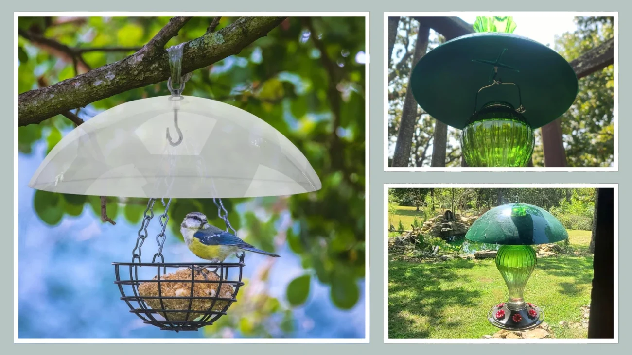 2 Pcs 10 Plastic Bird Feeders Protective Cover Dome Rain Proof with Hooks (Clear, Red)