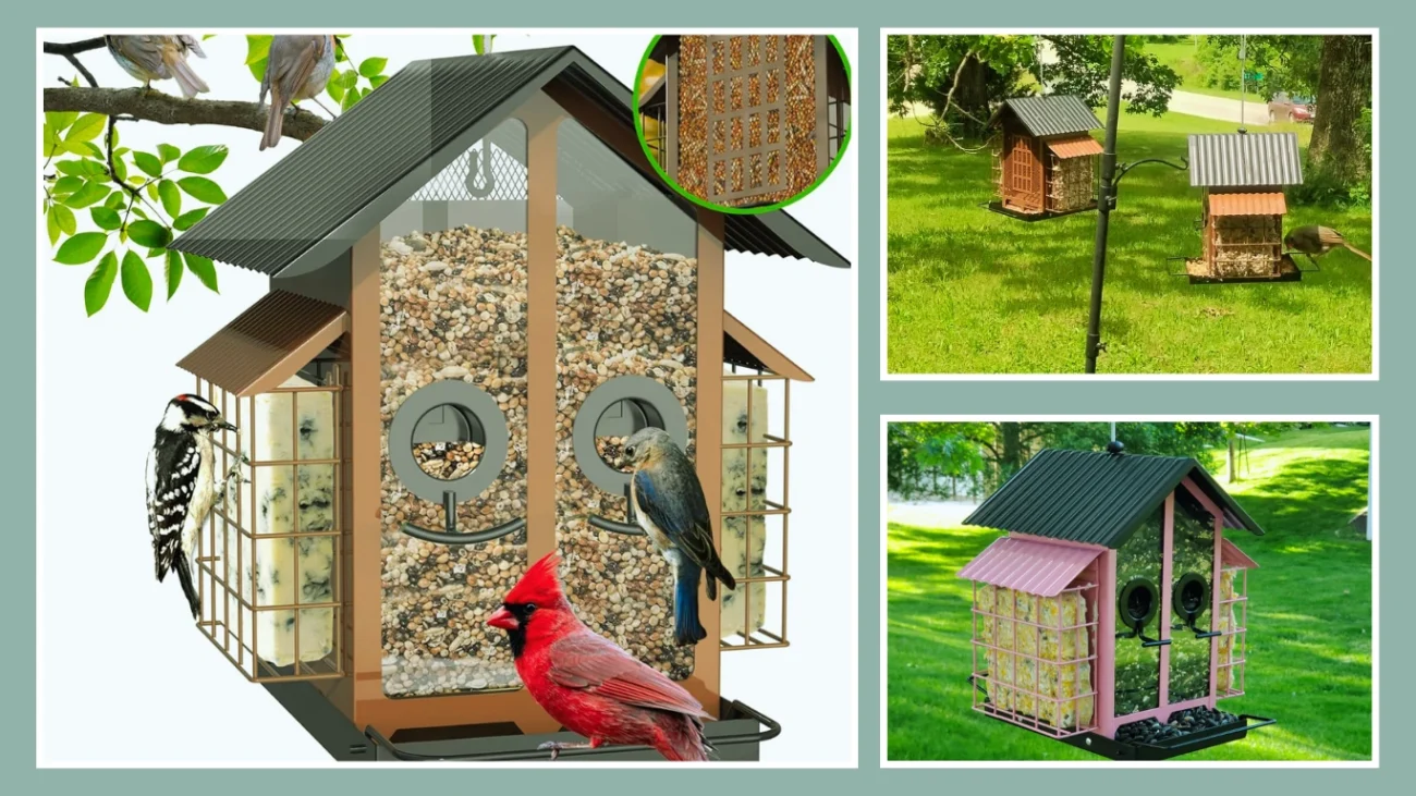 FlowaFoli Weatherproof Dual-Feed Squirrel-Deterrent Bird Feeder (Brown)