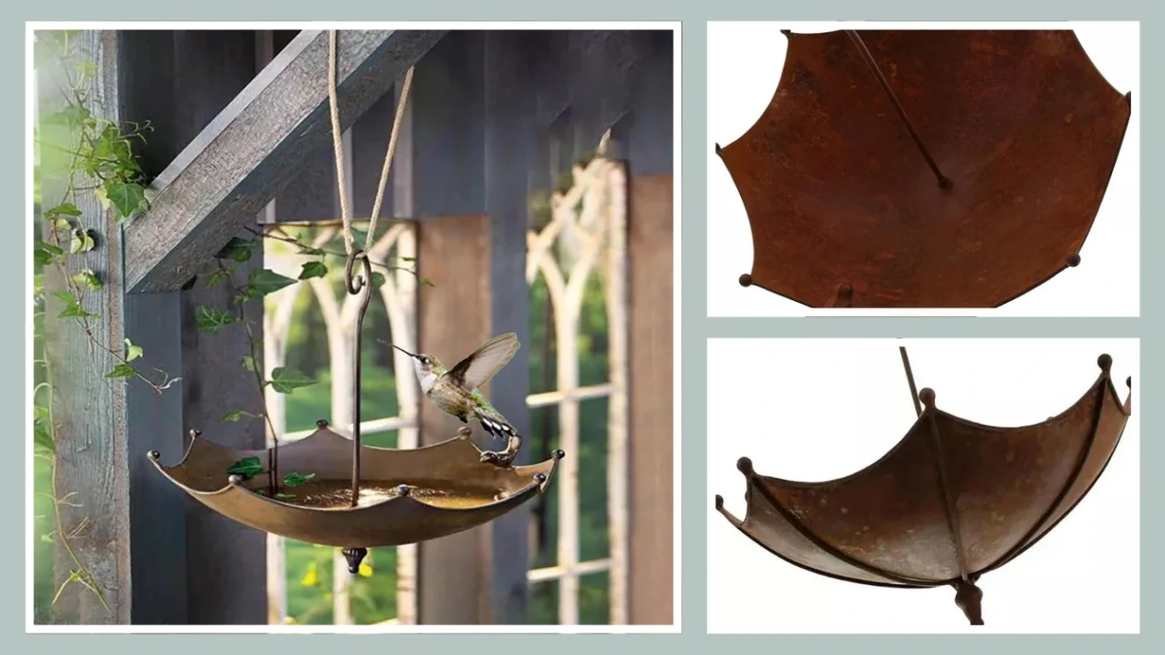 Home Decoration Umbrella-Shaped Bird Trough, Iron Art Hanging Bird Feeder Tray