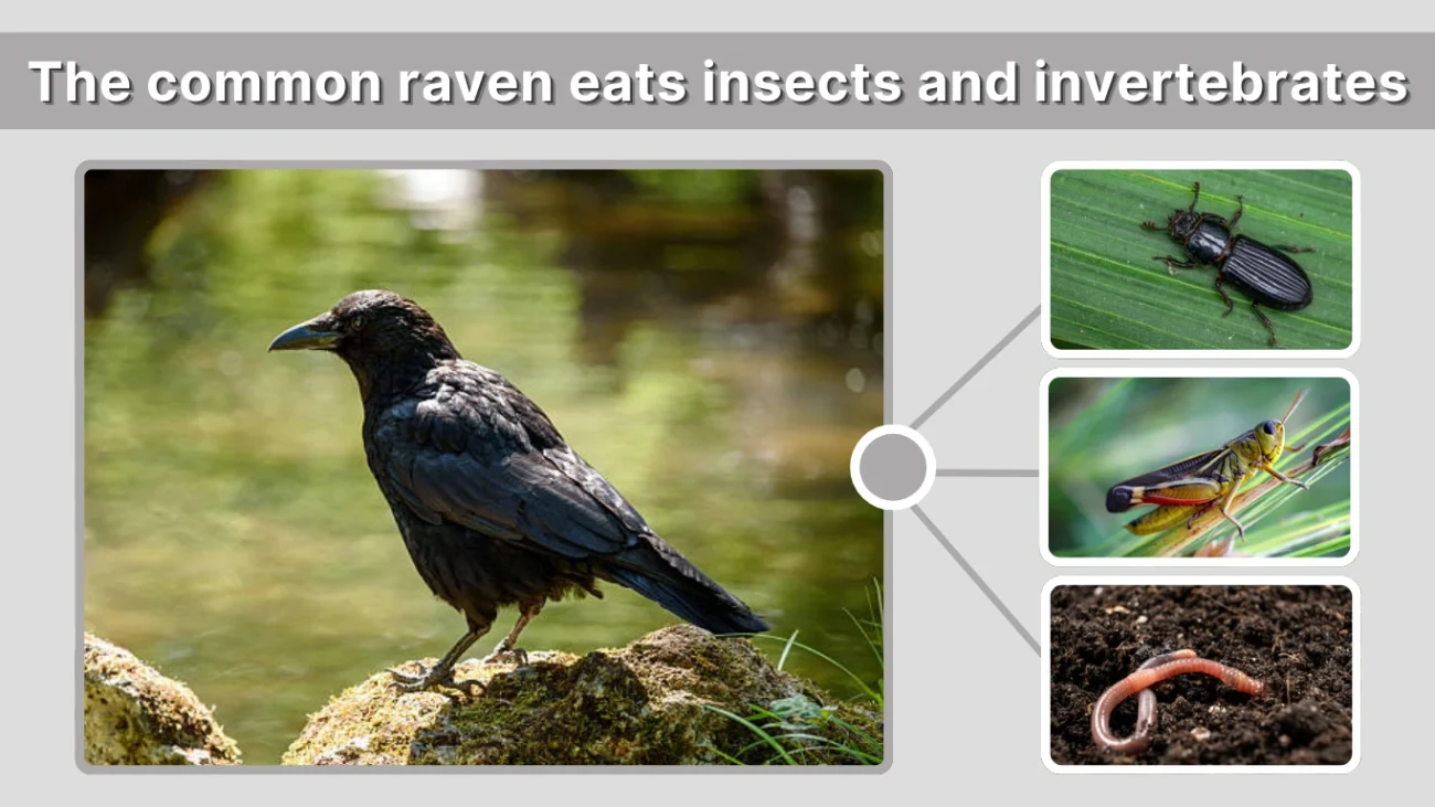 The common raven eats insects and invertebrates
